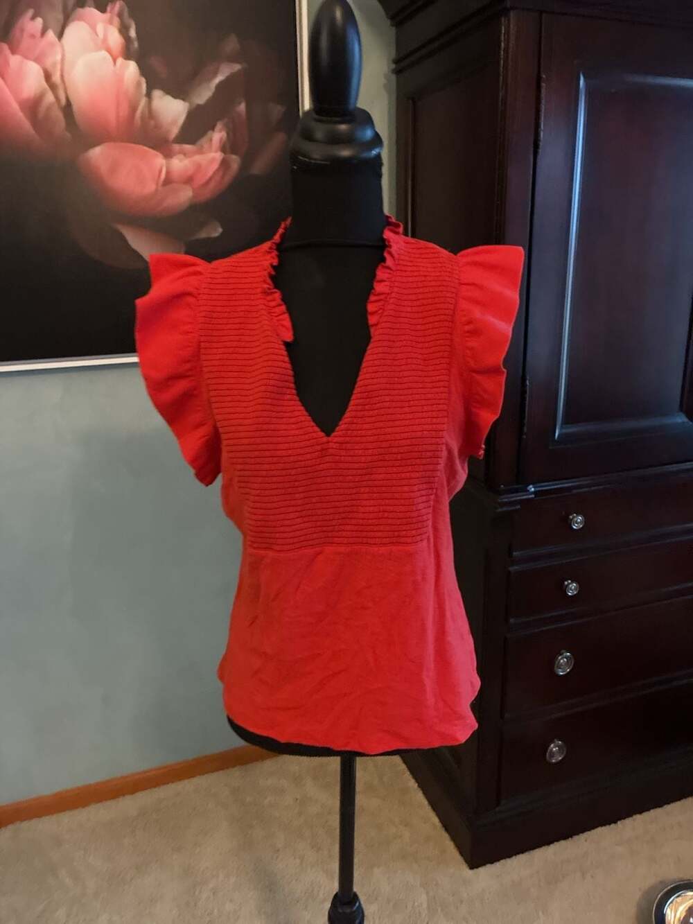 Nation LTD Red Pima Cotton Smocked Flutter Sleeve Blouse SzXL/fits like L A672